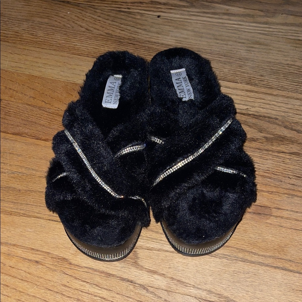 Emma New York Fuzzy Slippers with Rhinestone Detail